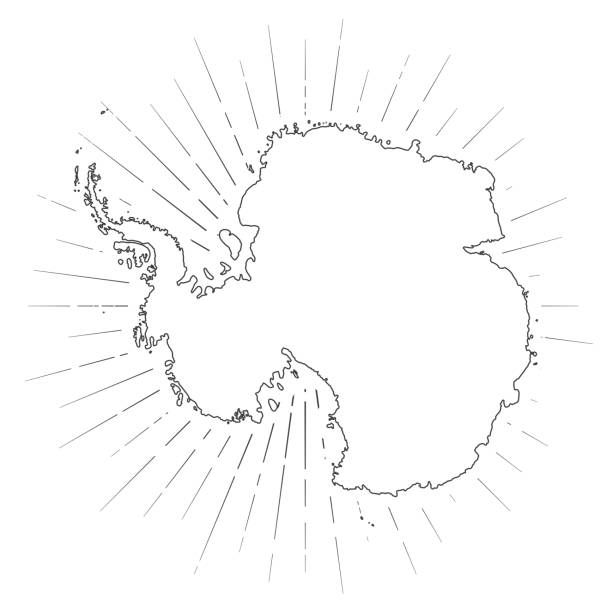 Antarctica map with sunbeams on white background Map of Antarctica created with a thin black outline and  light rays. Trendy and modern illustraion isolated on a blank background. Vector Illustration (EPS10, well layered and grouped). Easy to edit, manipulate, resize or colorize. south pole stock illustrations