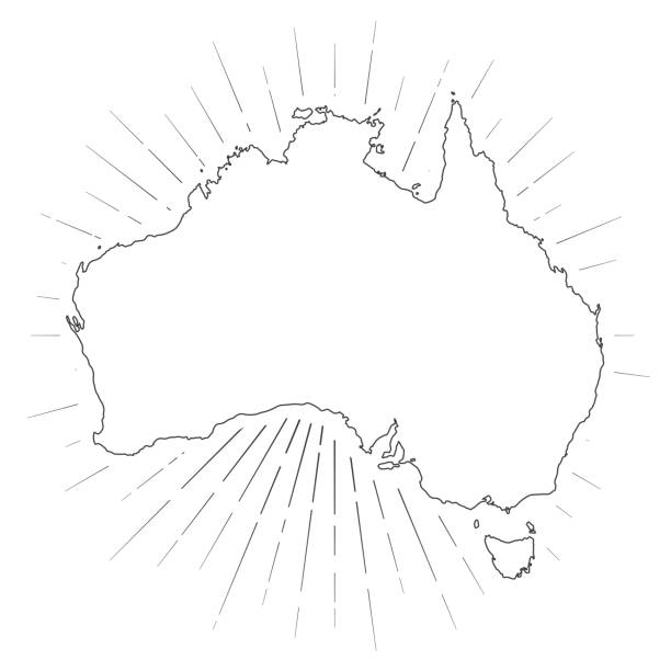 australien-karte mit sonnenstrahlen auf weißem hintergrund - white background image australia sunlight stock-grafiken, -clipart, -cartoons und -symbole