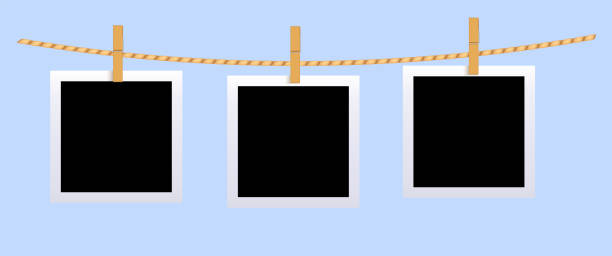 Square black 3 blank photo set mockup on string Square black blank photo set mockup hungled on string. Realistic empty template for collage with clothespin on white frame. clothespin wood stock illustrations