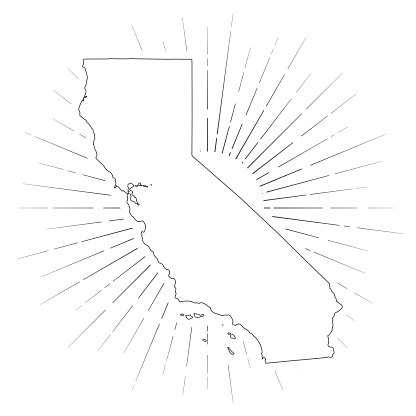 Map of California created with a thin black outline and  light rays. Trendy and modern illustraion isolated on a blank background. Vector Illustration (EPS10, well layered and grouped). Easy to edit, manipulate, resize or colorize.