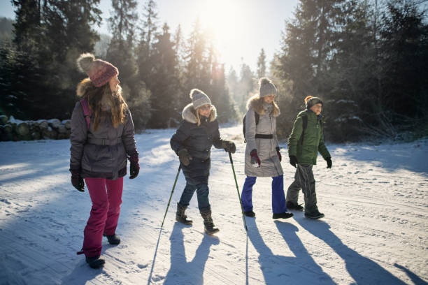 istock Multi generation family enjoying hiking in winter forest. 1304370095