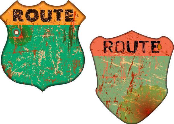 illustrazioni stock, clip art, cartoni animati e icone di tendenza di vintage malconcio percorso vuoto 66 segnale stradale, retrò grungy illustrazione vettoriale - route 66 road sign thoroughfare badge