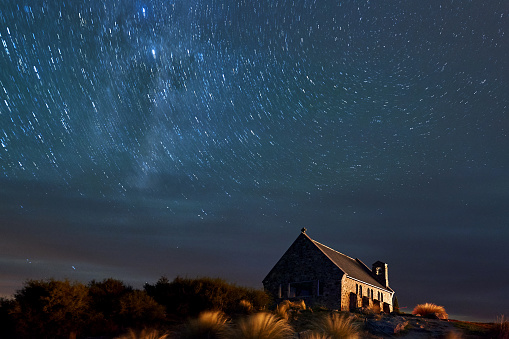 Church of the Good Shepherd at midnight sky, Lake Tekapo, New Zealand.