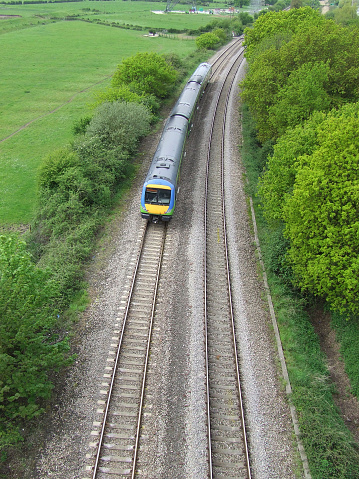 Railway line between Gloucester and Newport along the west bank of the River Severn, Caldicot, Wales, United Kingdom