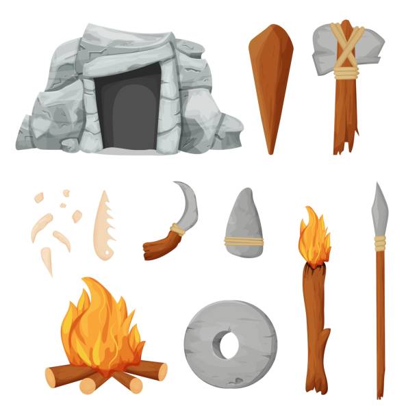 Stone age set with barbarian cave, necklace from bones, tools and weapon from rock and wooden sticks in cartoon style isolated on white background stock vector illustration. Stone age set with barbarian cave, necklace from bones, tools and weapon from rock and wooden sticks in cartoon style isolated on white background stock vector illustration. paleo stock illustrations