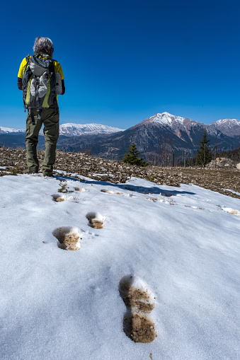 Footprints in the open-air snow. A 60-year-old man with a backpacking hiker in the continuation of his footprints. Snowy mountain range landscape