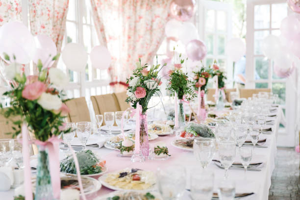 istock Table setting at a luxury wedding and Beautiful flowers on the table. 1304378633