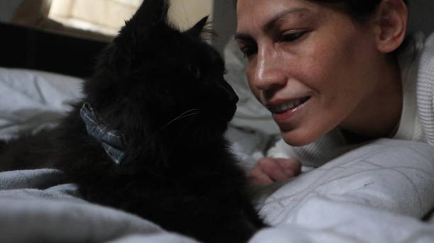 istock Woman relaxing with a big beautiful black cat 1304378792