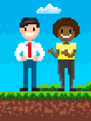 Pixel character vector, man and woman talking and discussing problems, positive personage on nature video game graphics of 8 or 16 bit scenery retro