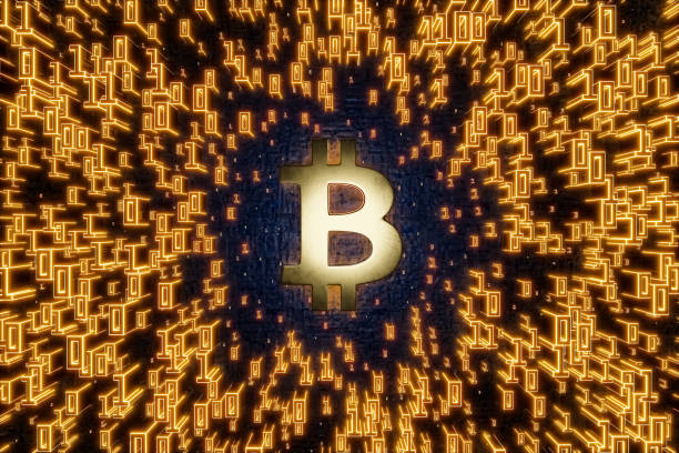 istock 3d rendering top view of the golden Bitcoin sign with illuminate binary digital number background. 1304380809