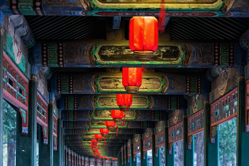 Lanterns on the promenade of the Summer Palace in Beijing, China, with a strong Chinese New Year atmosphere, very beautiful.