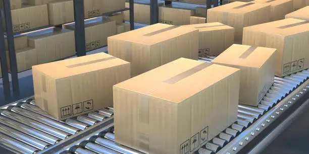 Cardboard boxes on the conveyor belt. Industry warehouse background, Carton packages industry production line. Manufacture, packaging and logistics concept. 3d illustration