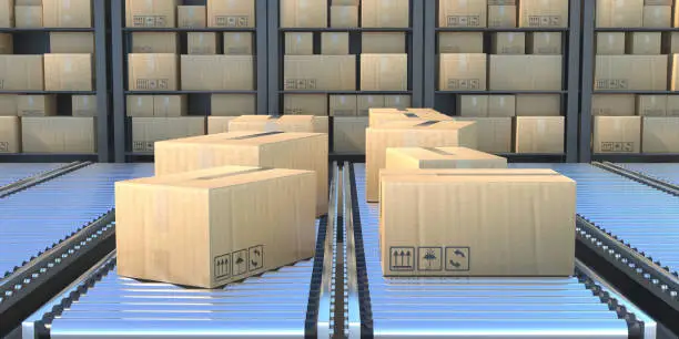 Carton boxes on the conveyor belt. Industry warehouse background, Manufacture, packaging and handling concept. Cardboard package industry production line. 3d illustration