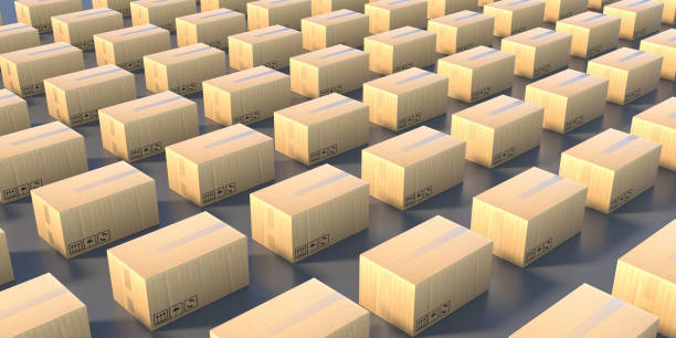 istock Warehouse storage cardboard boxes background, Carton boxes stacked. 3d illustration 1304381840