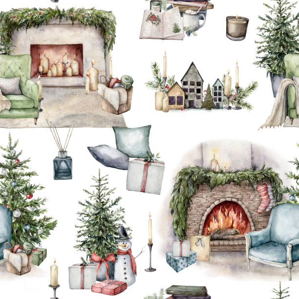 ilustraciones, imágenes clip art, dibujos animados e iconos de stock de patrón de invierno acuarela sin costuras con objetos interiores de navidad. artículos navideños pintados a mano aislados sobre fondo blanco. ilustración para diseño, impresión, tela o fondo. - fireplace christmas candle holiday