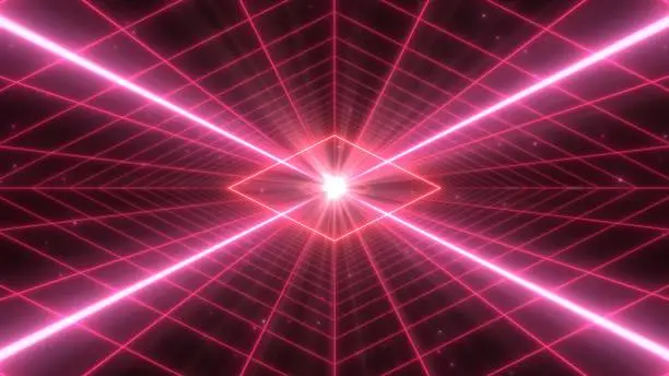 Photo of Synthwave Retro Grid Tunnel and Futuristic Diamond Neon Lights Glow - Abstract Background Texture