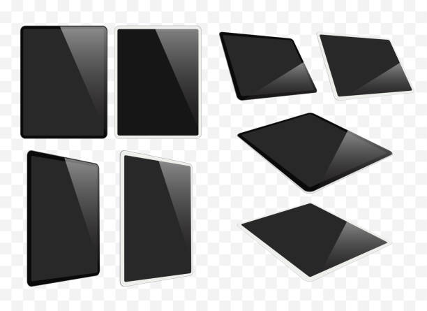 новая версия тонкого планшета похожа на ipad. набор черно-белых планшетных компьютеров, изолированных на фоне реалистичной векторной иллюст� - ipad mini ipad white small stock illustrations