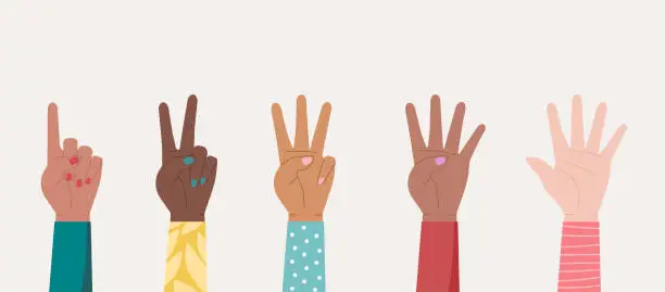 Vector illustration of Set of female hands of different nationalities counting number one to five
