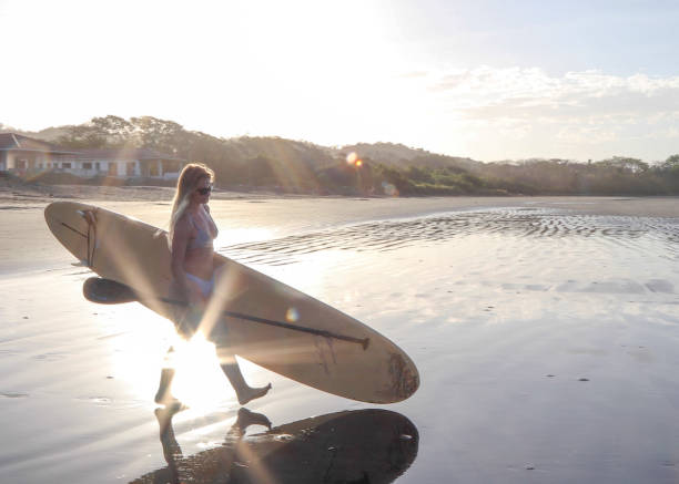 istock Young woman walks with paddle board towards Pacific Ocean at sunrise 1304388721