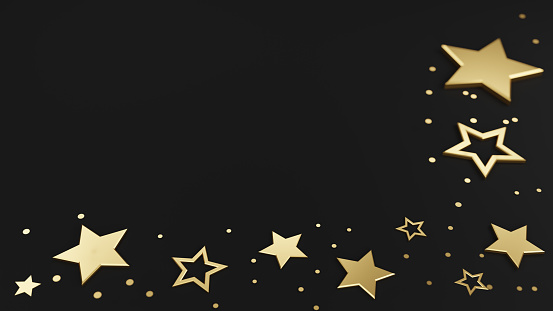 Gold stars are placed on black background with circle particles of gold around. Concept of award celebration. 3D render.