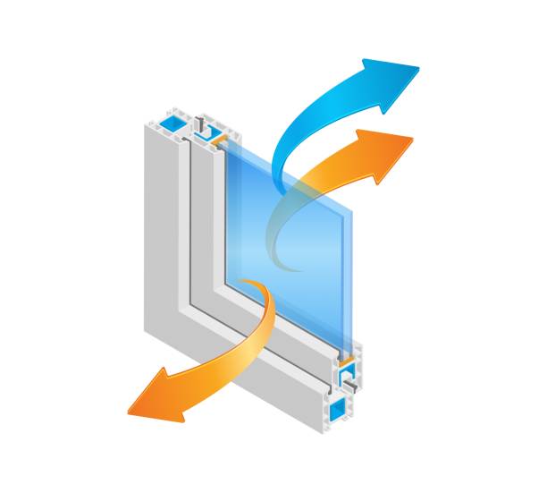 Isometric vector illustration thermal insulation plastic window frame profile isolated on white background. Cross-section diagram of a double glazed window pane UPVC profile reflecting cold and heat. Isometric vector illustration thermal insulation plastic window frame profile isolated on white background. Cross-section diagram of a double glazed window pane UPVC profile reflecting cold and heat. thermal expansion stock illustrations