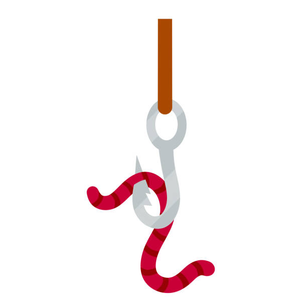 ilustrações de stock, clip art, desenhos animados e ícones de set of fishing hooks and tackle with worm. fishhook in different styles. element of fishing rod with bait. fish trap. - worm cartoon fishing bait fishing hook