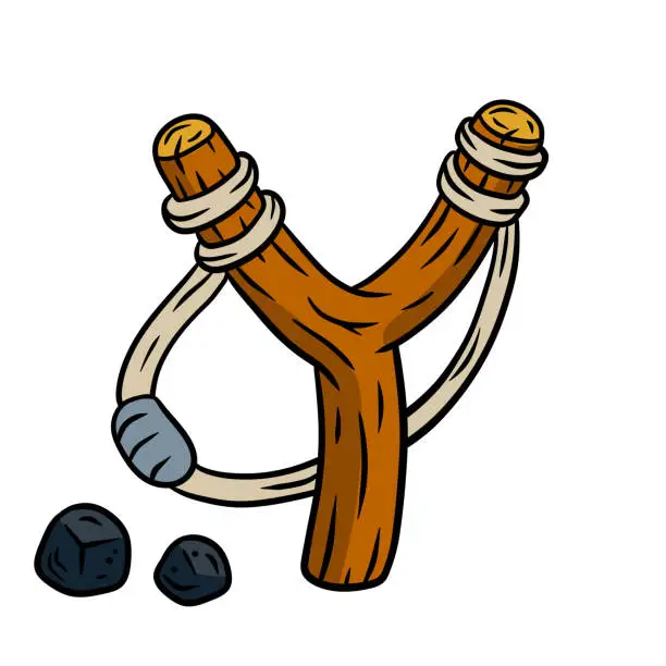 Vector illustration of Slingshot. Wooden catapult. Children toy for throwing stones. Shooting and small rock.