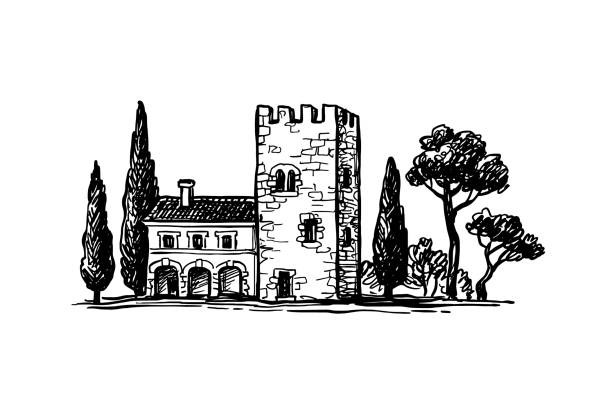 이탈리아 시골 집의 잉크 스케치. - italy landscape tuscany retro revival stock illustrations