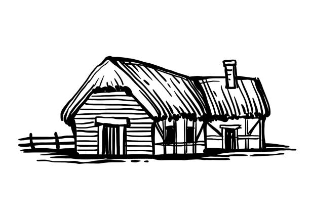 ilustraciones, imágenes clip art, dibujos animados e iconos de stock de boceto de tinta de la antigua casa de campo europea. - house farm brick chimney