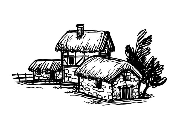 чернильный эскиз старых европейских загородных домов. - house farm brick chimney stock illustrations