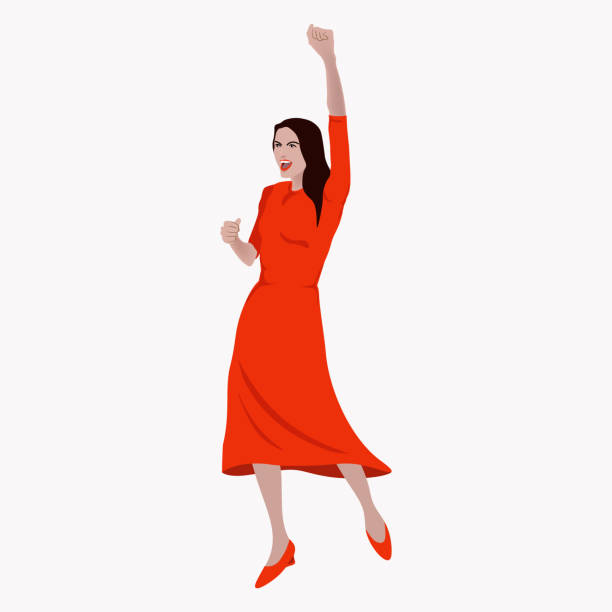 ilustrações de stock, clip art, desenhos animados e ícones de a woman in a red dress, with black hair, with a raised hand, clenched into a fist. protester, screaming, dancing, winner. isolated over white background. vector illustration - vector excitement white red