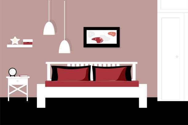 ilustraciones, imágenes clip art, dibujos animados e iconos de stock de moderno interior de dormitorio rojo y negro con muebles. el concepto de un dormitorio vacío. ilustración vectorial de diseño gráfico de dibujos animados planos con sombras. dormitorio familiar. - family sofa vector illustration and painting