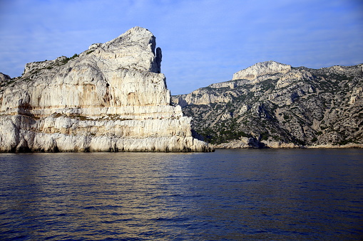Jagged rocky walls of the coast of the badlands, Parc National des Calanques, Marseille, France