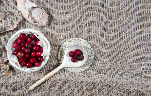Cranberries in wicker basket on burlap background, bast shoe and wooden spoon. Copy space Cranberries in wicker basket on burlap background, bast shoe and wooden spoon. Copy space marshwort stock pictures, royalty-free photos & images