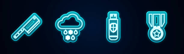 istock Set line Meat chopper, Cloud with snow and rain, USB flash drive shield and Medal star. Glowing neon icon. Vector 1304399902