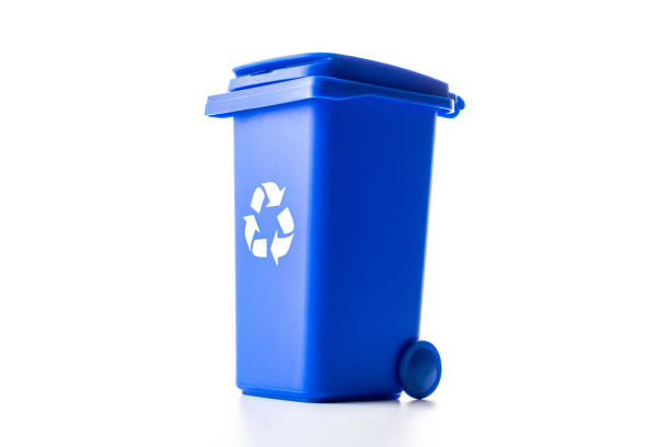 istock Trash bin. Blue dustbin for recycle paper trash isolated on white background. Container for disposal garbage waste and save environment. 1304399919
