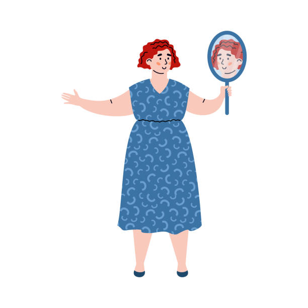 Happy woman with positive self acceptance admiring on her reflection in mirror Happy woman with positive self acceptance of personal appearance hold mirror and admiring on her reflection. Flat vector illustration isolated on white background. clip-art-of-a-girl-looking-in-mirror stock illustrations