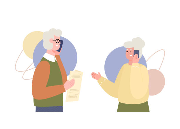 istock Old people talking on mobile phone with family or friends a vector illustration. 1304402328