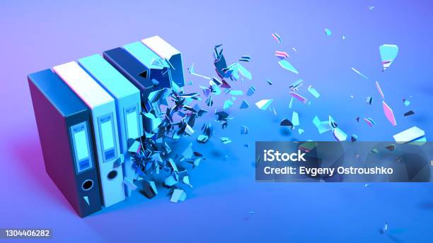Office Folders In Neon Light Falling Apart Into Small Parts Stock Photo - Download Image Now
