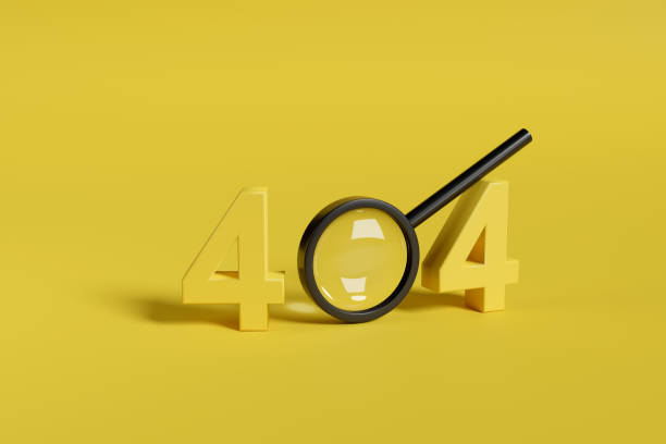istock Error 404. Number 404 in three dimensions next to a security magnifying glass on a yellow background. 3d illustration. 1304406370