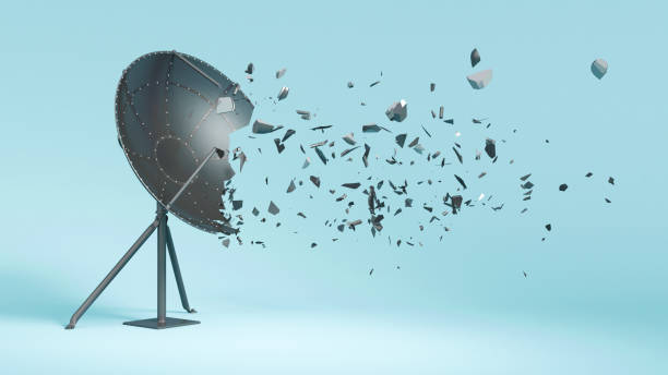 satellite antenna on a blue background, broken into small parts satellite antenna on a blue background, broken into small parts, 3d illustration poor signal stock pictures, royalty-free photos & images
