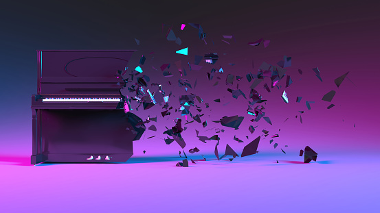 half destroyed piano with fragments flying off in neon lighting