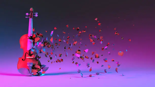 half destroyed violin with fragments flying off in neon lighting, 3d illustration