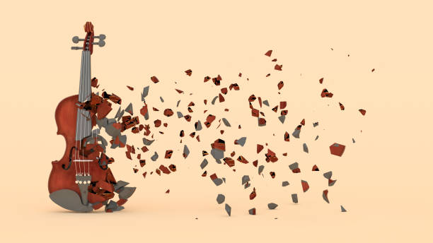 half destroyed violin with fragments flying off, 3d illustration