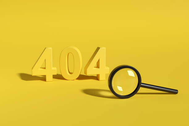 Error 404. Number 404 in three dimensions next to a security magnifying glass on a yellow background. 3d illustration.