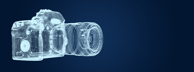 camera in the form of a three-dimensional grid on a blue background, 3d illustration