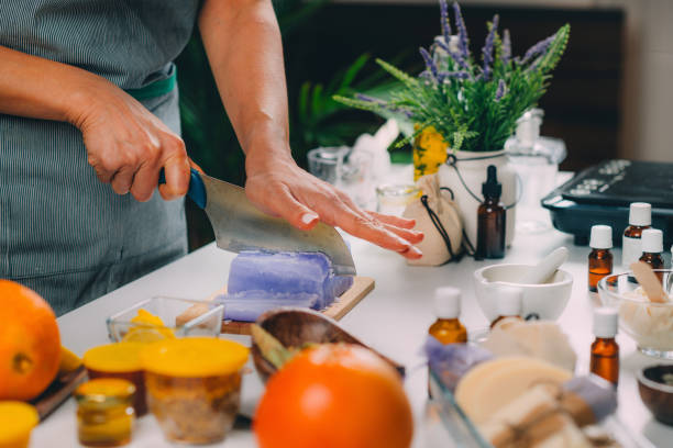 istock Homemade Soap, Cutting Soap Base at Home. 1304410785