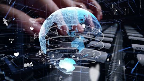 istock Man working on computer keyboard with graphic of internet networ 1304412691