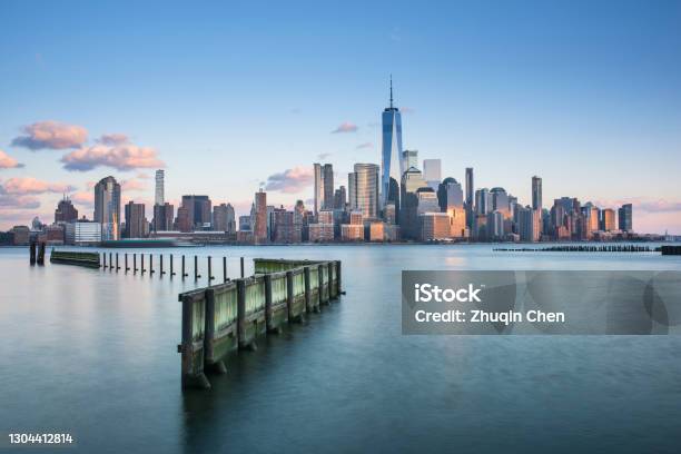 Downtown Manhattan New York Jersey City Golden Hour Sunset Stock Photo - Download Image Now