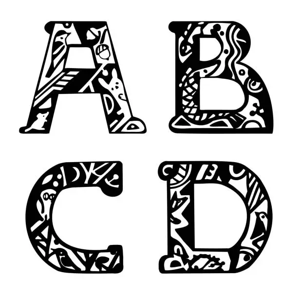 Vector illustration of Capital letters with animals. Letters: A, B, C, D. Birds, fish, owl, hare, fox, branches, leaves, patterns, animals. Black and white vector illustration. Isolated on a white background.